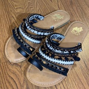 Camel Threads black fringe sandals